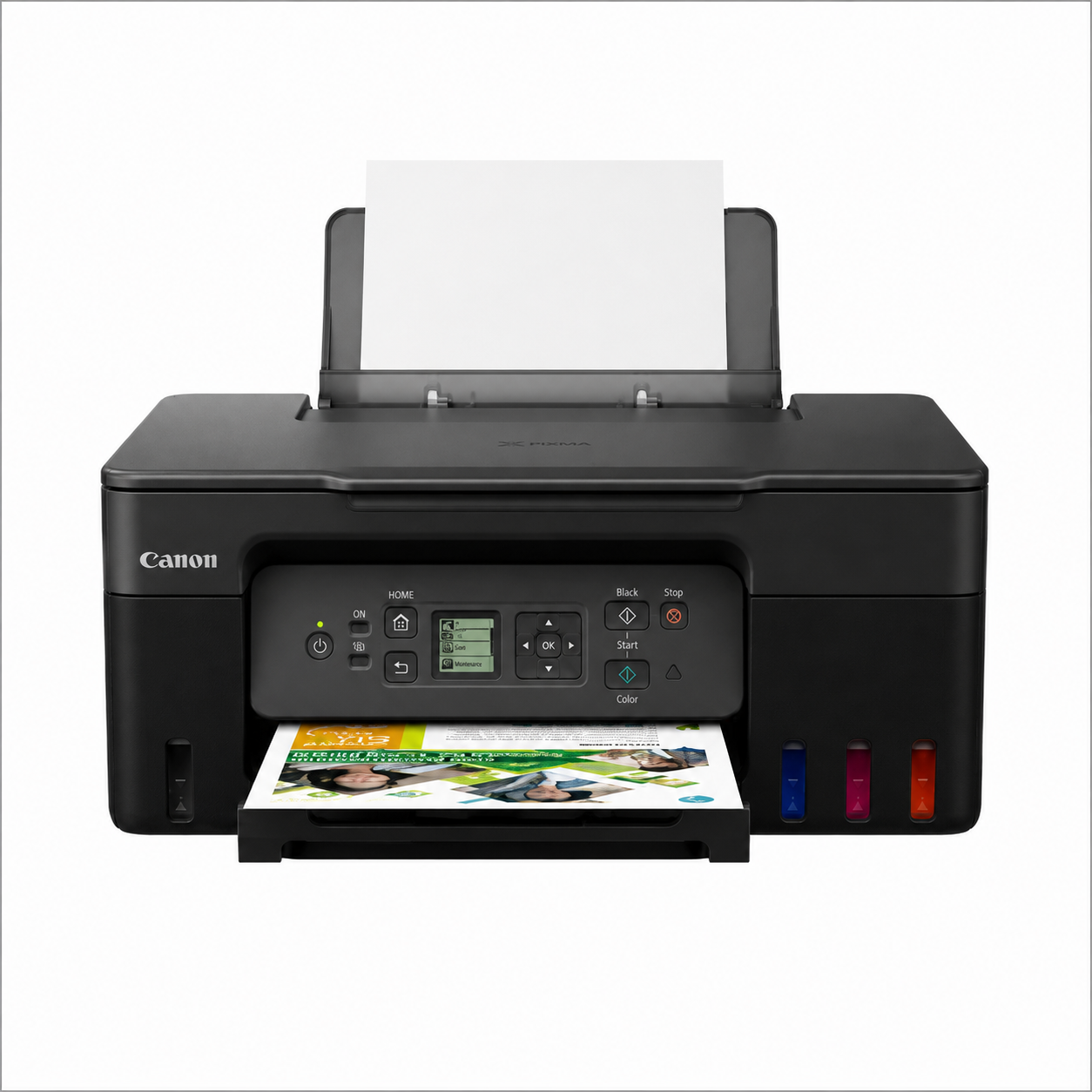 Canon PIXMA G3470 Wireless MegaTank Printer front view printing a color document.
