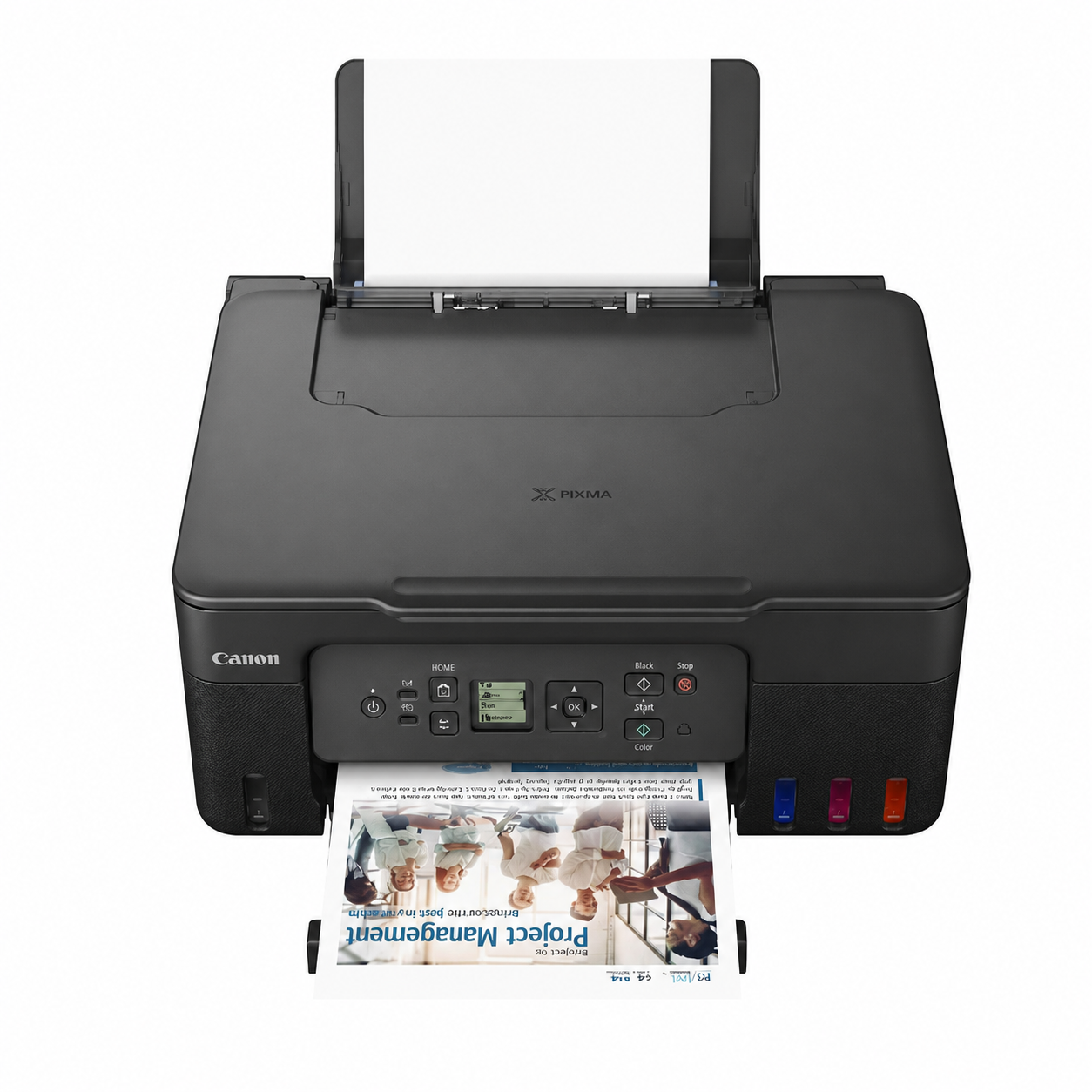 Canon PIXMA G3470 Wireless MegaTank Printer front view with paper loaded in the rear tray.