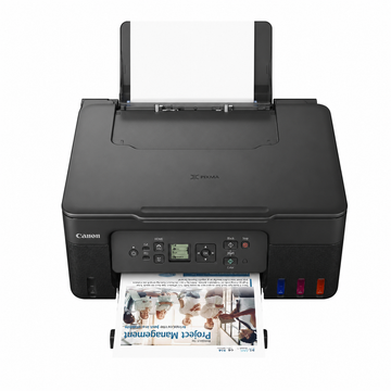 Canon PIXMA G3470 Wireless MegaTank Printer front view with paper loaded in the rear tray.