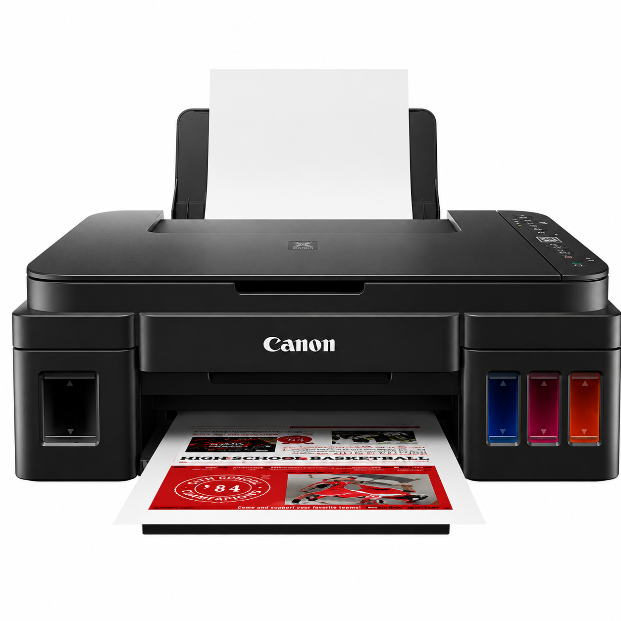 Canon PIXMA G3410 printer printing an A4 document from the rear paper tray