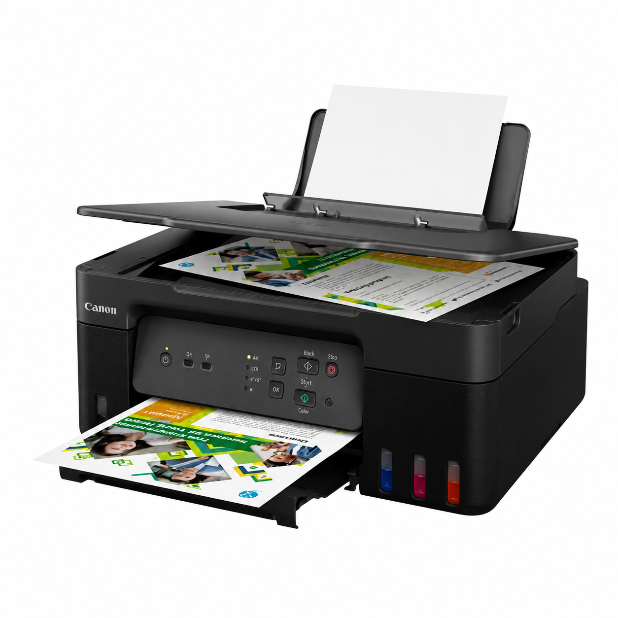 Canon PIXMA G3430 wireless printer printing an A4 document from the rear paper tray