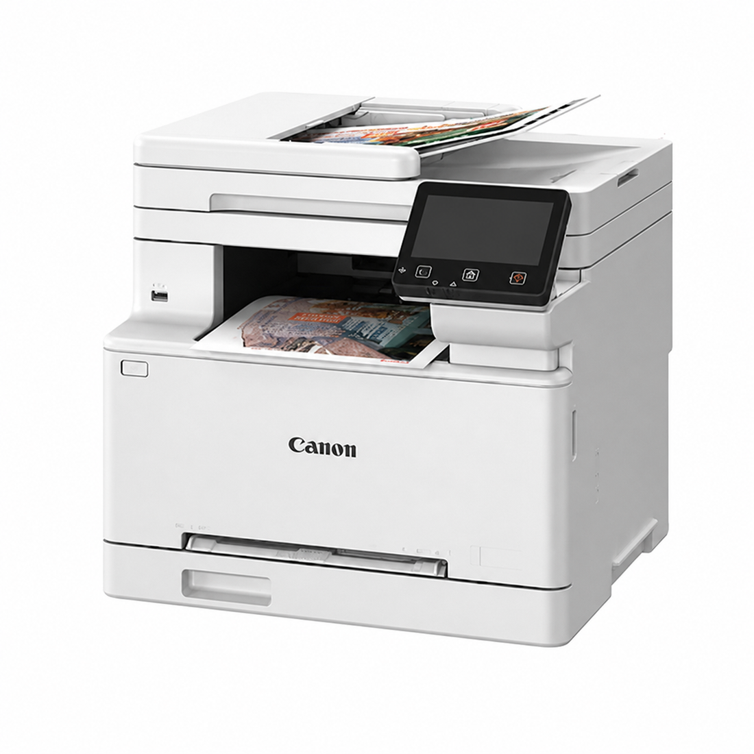 Canon i-SENSYS MF664Cdw Color Laser Multifunction Printer front view showing 5-inch touchscreen and paper output area.