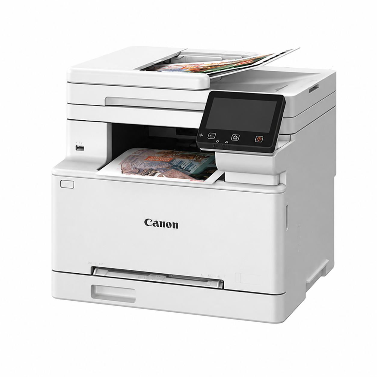 Canon i-SENSYS MF664Cdw Color Laser Printer angled front view printing a color document.