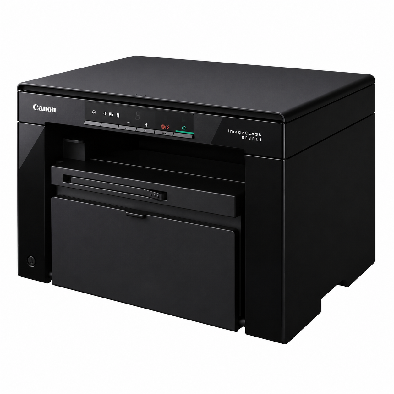 Canon i-SENSYS LBP3010 compact black-and-white laser printer front-left angled view