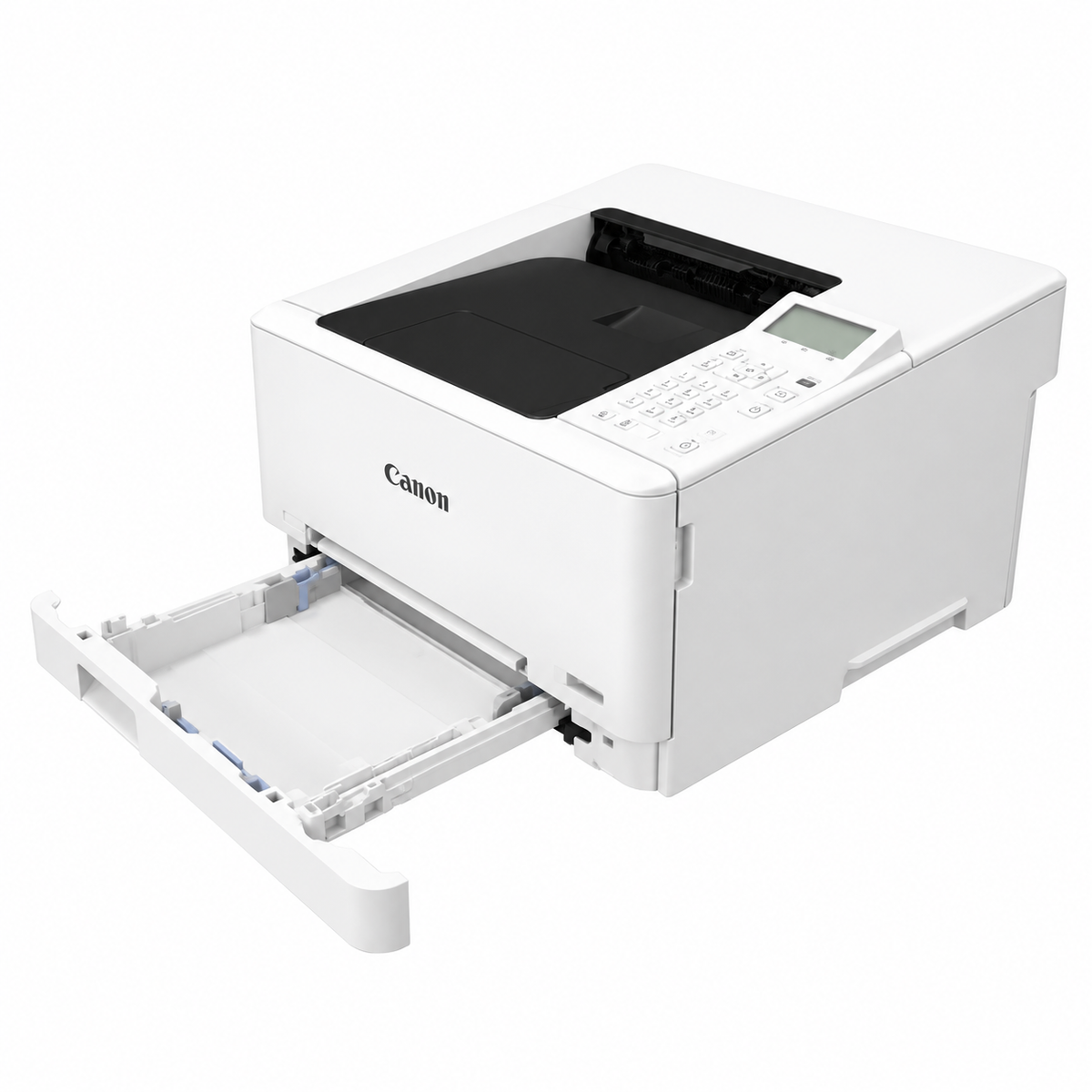 White Canon i-SENSYS LBP646Cdw color laser printer, angled front view with paper cassette open.