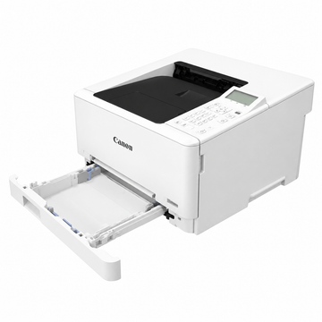 White Canon i-SENSYS LBP646Cdw color laser printer, angled front view with paper cassette open.