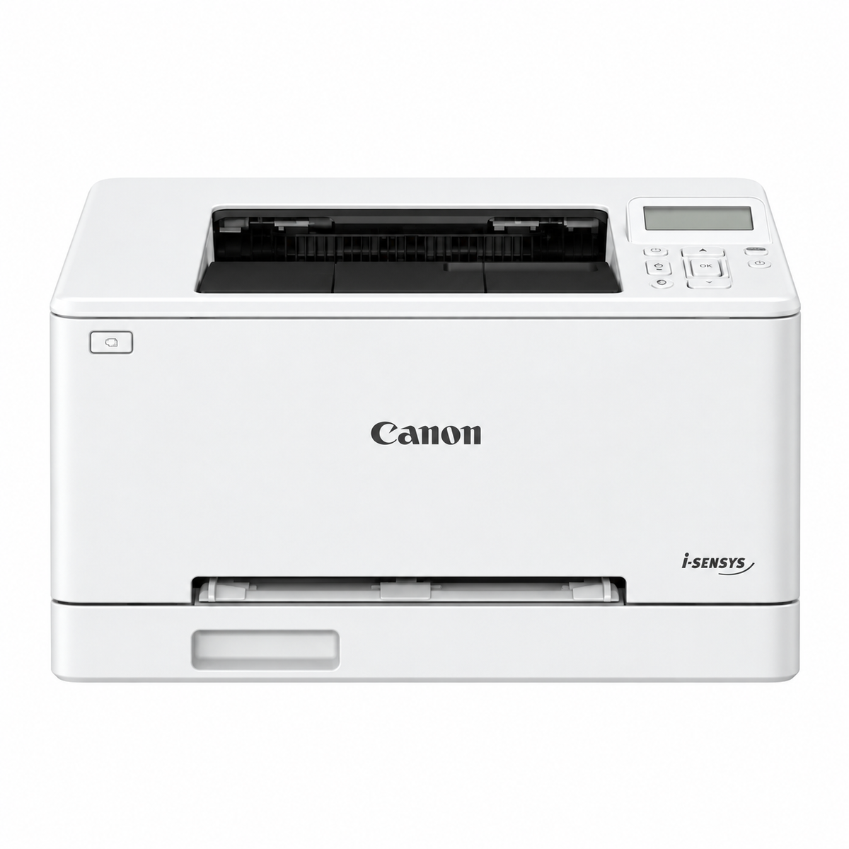White Canon i-SENSYS LBP646Cdw color laser printer, front view with control panel and paper tray.