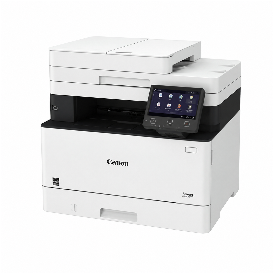 Canon i-SENSYS MF455dw Mono Laser Printer front view showing touchscreen, paper tray and automatic document feeder.