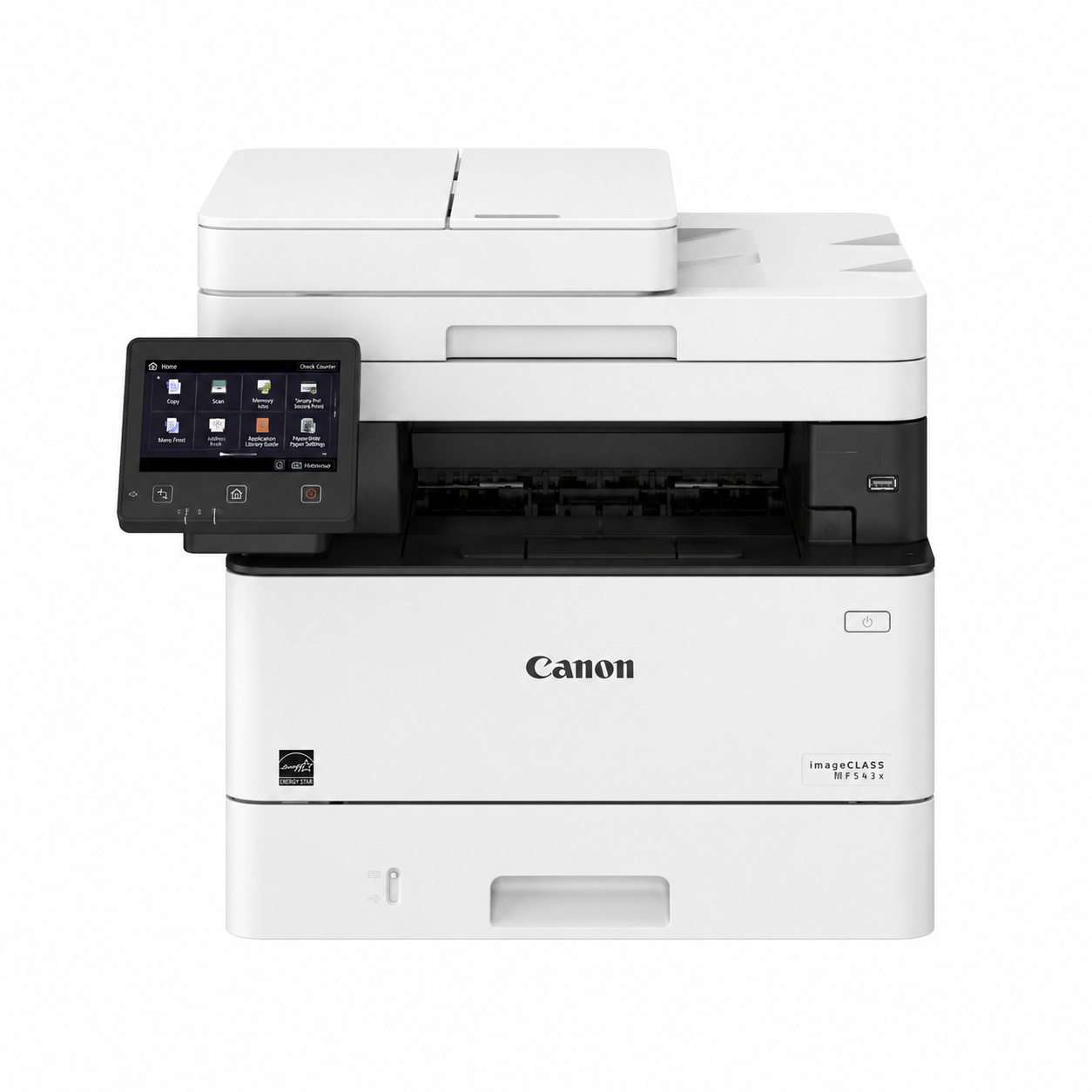 Canon i-SENSYS MF455dw Mono Laser Printer front view showing touchscreen, paper tray and automatic document feeder.