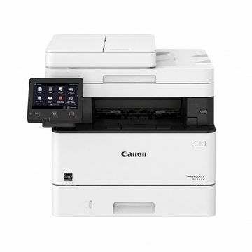 Canon i-SENSYS MF455dw Mono Laser Printer front view showing touchscreen, paper tray and automatic document feeder.