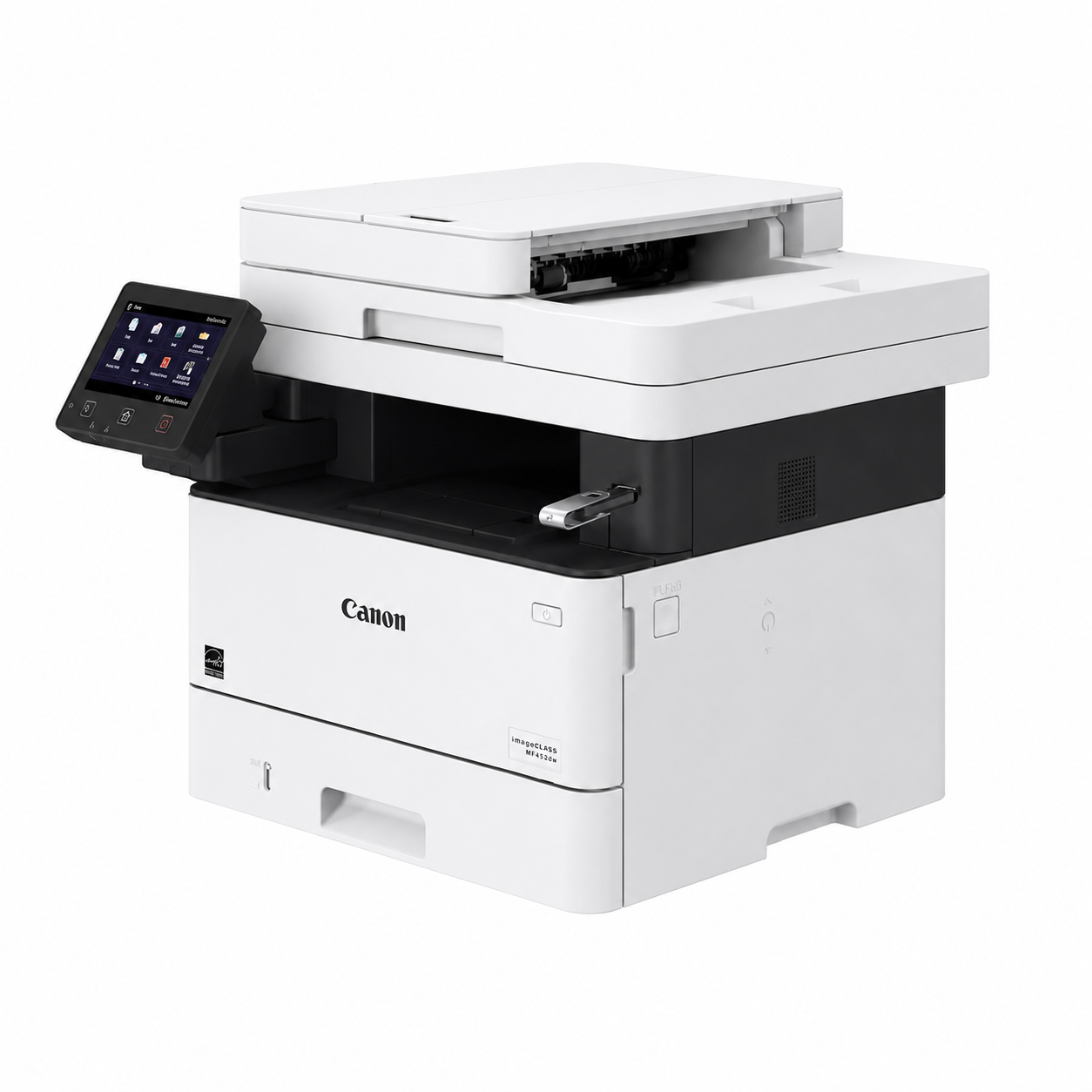 Canon i-SENSYS MF455dw Wireless Multifunction Printer angled side view highlighting compact office design and ADF.