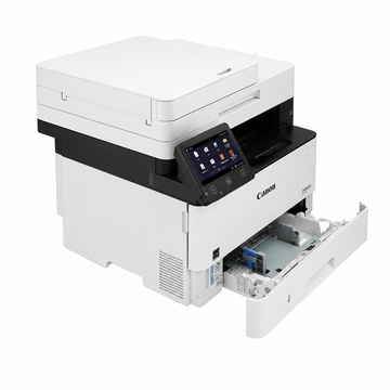 Canon i-SENSYS MF455dw Mono Laser Multifunction Printer angled view showing open paper tray and internal paper handling area.