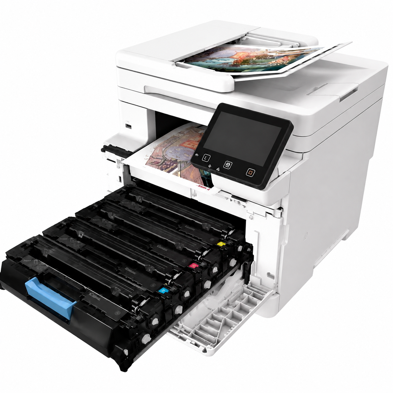 Canon i-SENSYS MF664Cdw Color Laser Printer angled view showing open front cover and toner cartridge compartment.