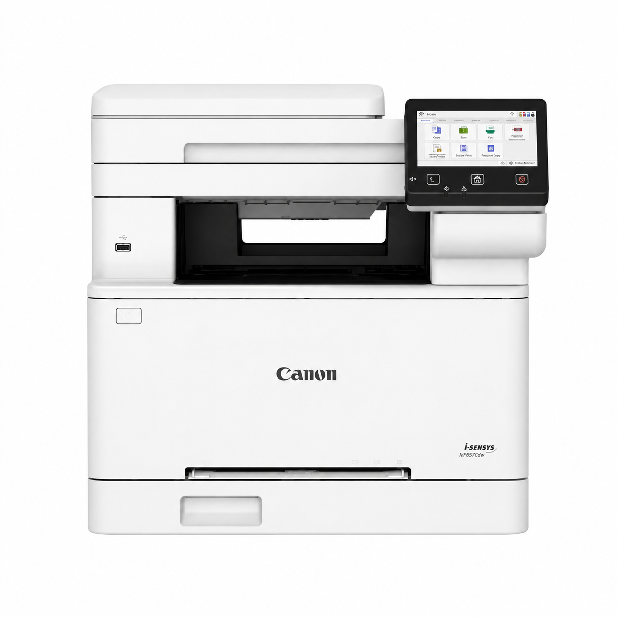 Canon i-SENSYS MF664Cdw Color Laser Multifunction Printer front view showing 5-inch touchscreen and paper output area.