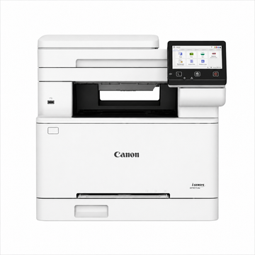 Canon i-SENSYS MF664Cdw Color Laser Multifunction Printer front view showing 5-inch touchscreen and paper output area.