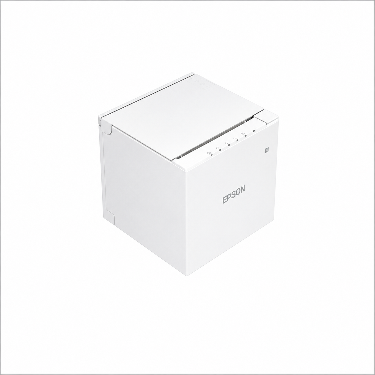 Epson TM-m30III (111) Standard Model White thermal receipt printer angled front view showing compact cube design.
