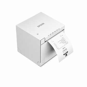 Epson TM-m30III (111) White thermal receipt printer angled view printing a receipt.