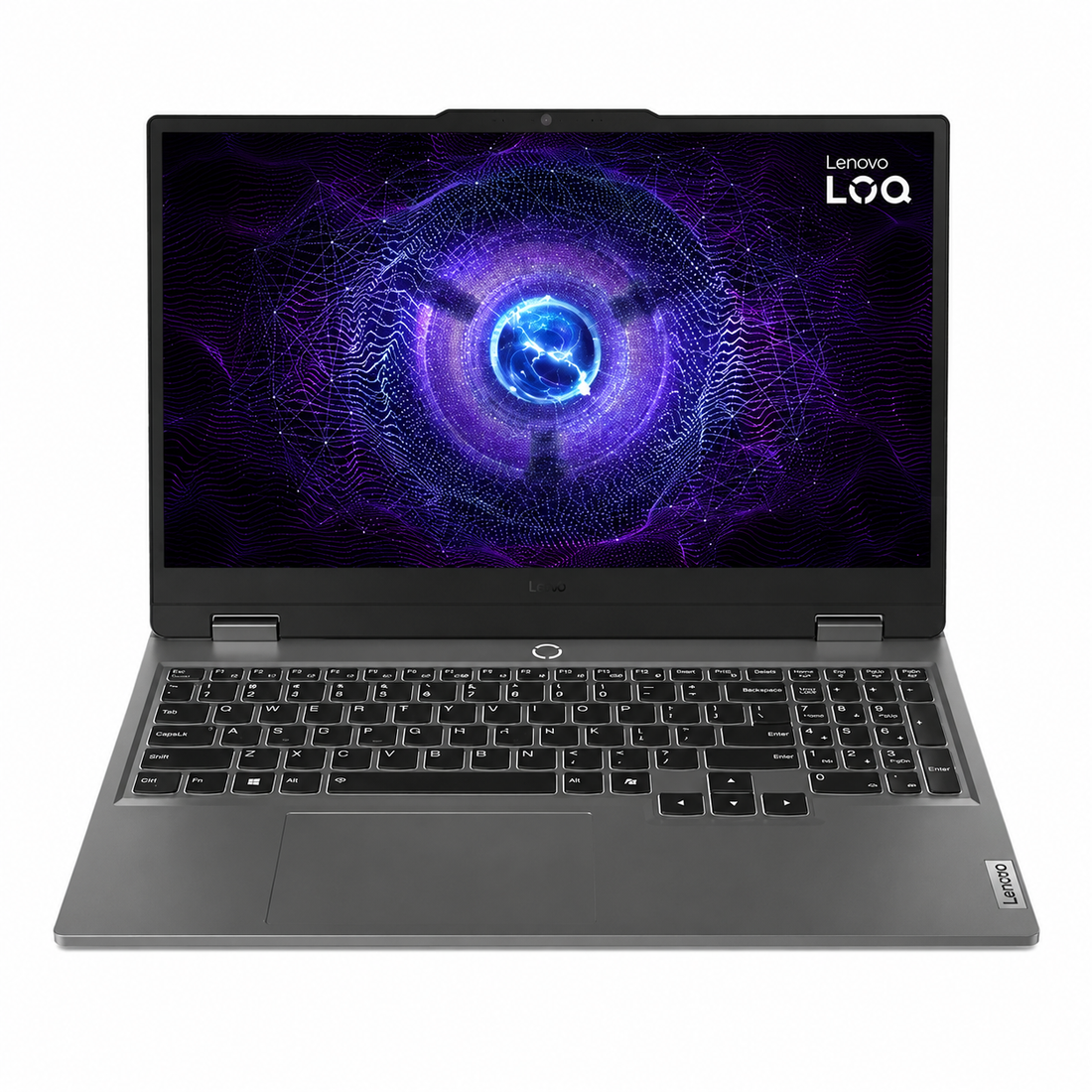 Lenovo LOQ 15IRX9 gaming laptop angled front view showing the open display and keyboard