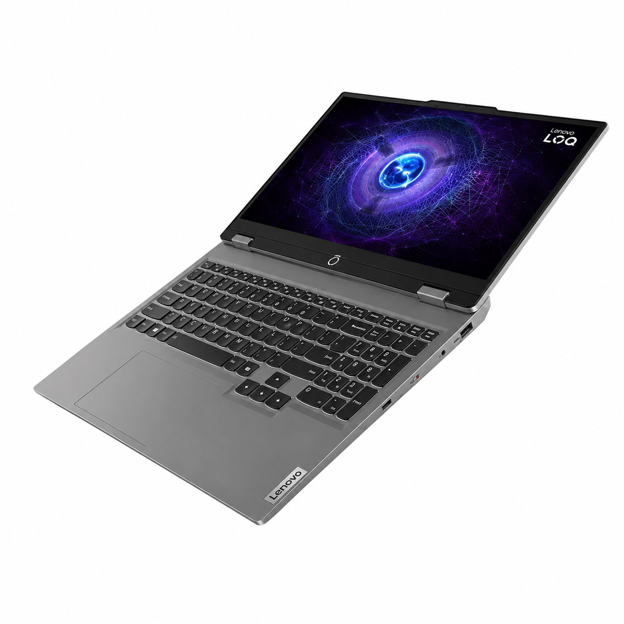 Lenovo LOQ 15IRX9 laptop top angled view showing the keyboard, touchpad and gaming display