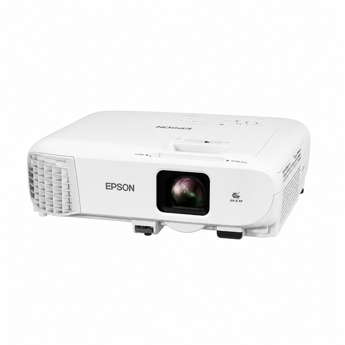 Epson EB-994F Full HD wireless 3LCD projector top view in white showing the control panel, lens area and compact business projector design.