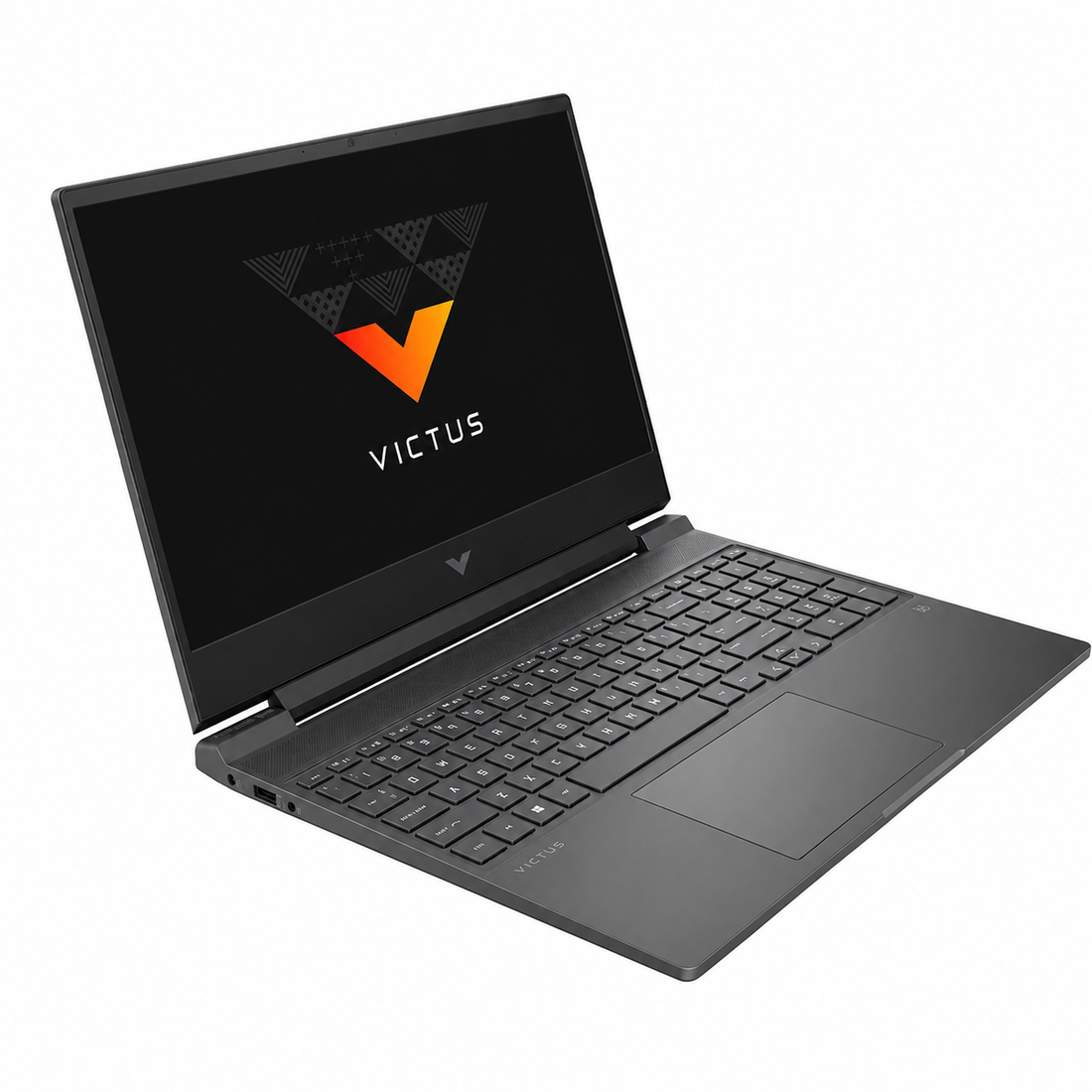 HP Victus 15-fa2013dx gaming laptop in Mica Silver with 15.6-inch display open, front three-quarter view