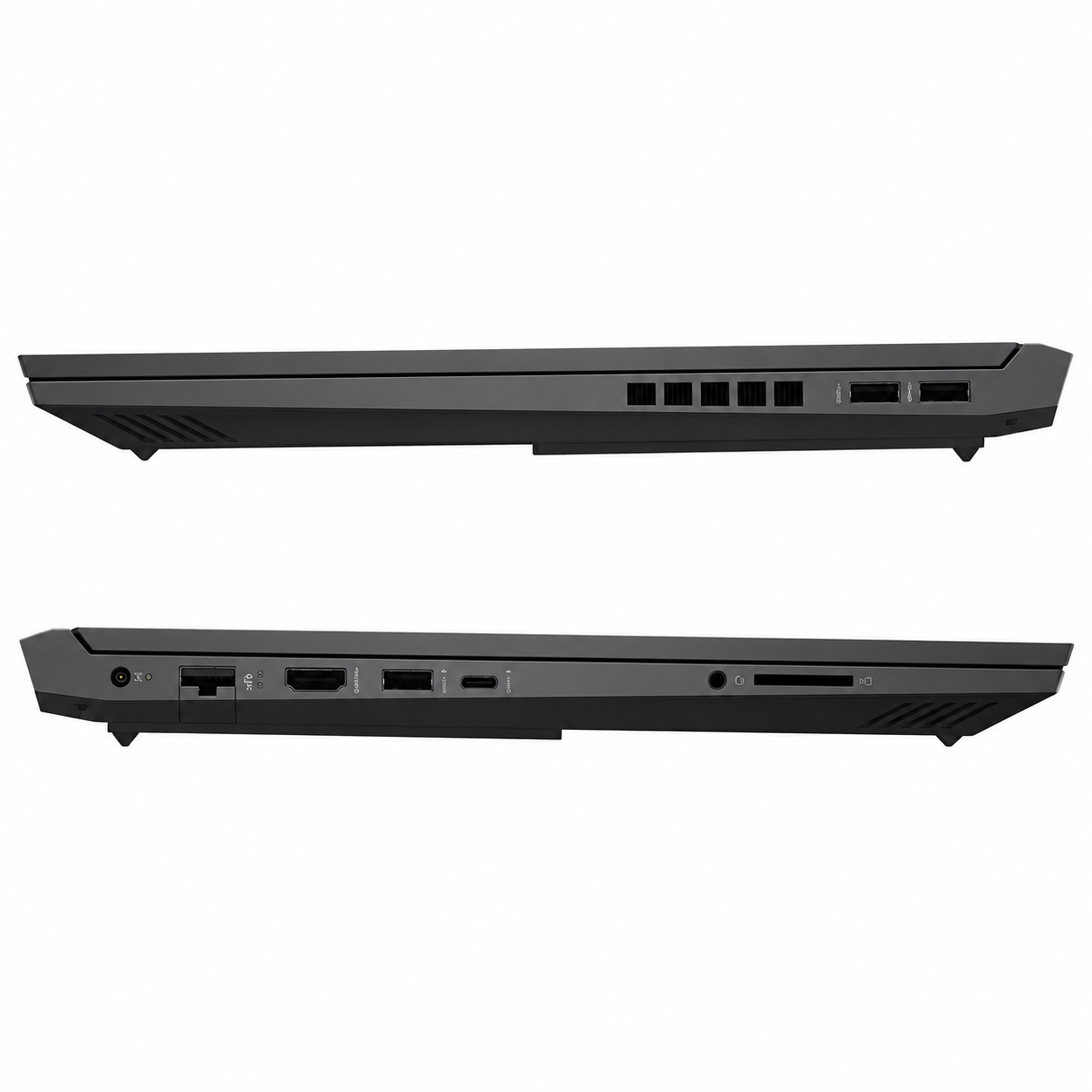HP Victus 15-fa2013dx gaming laptop side view showing USB-C, USB-A, HDMI 2.1, RJ-45 and audio ports