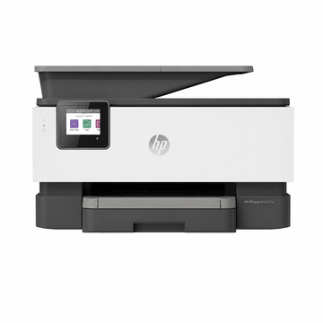 HP Smart Tank all-in-one printer front view with touchscreen control panel and open scanner lid