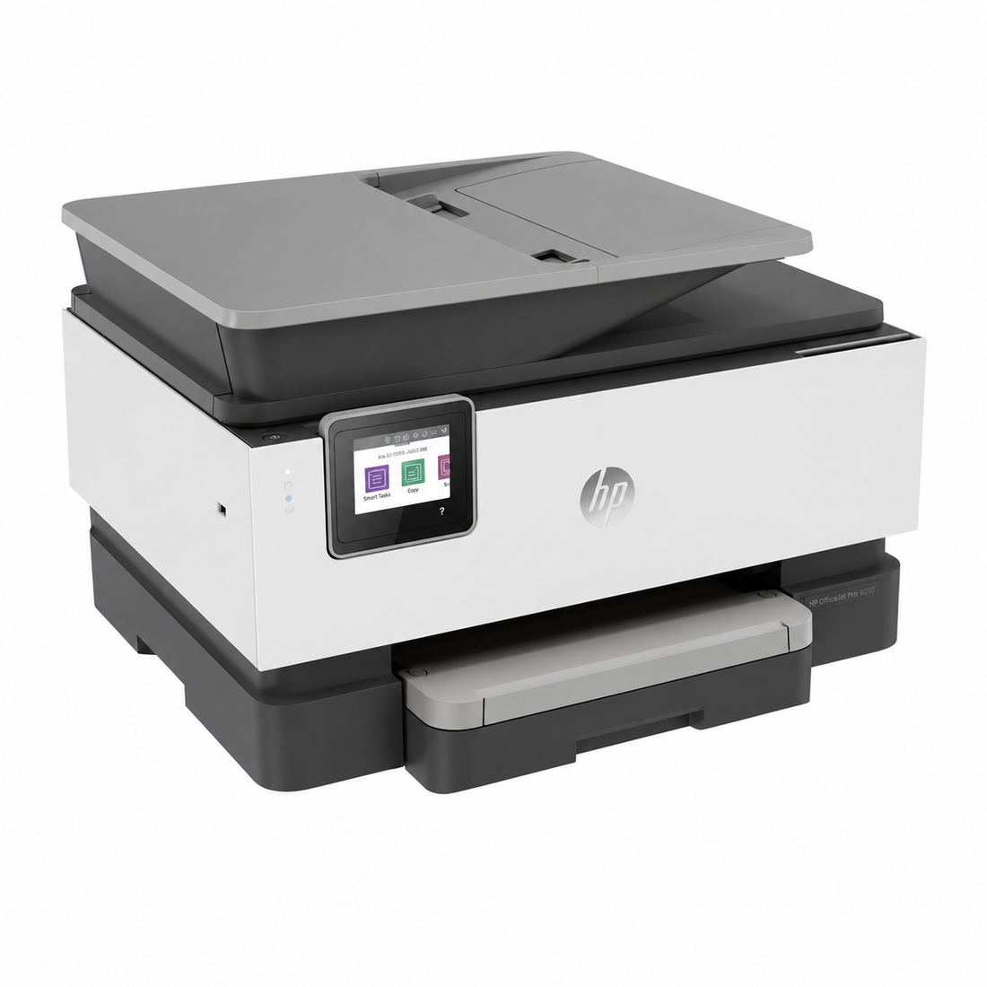 HP Smart Tank all-in-one printer front view with touchscreen control panel and open scanner lid