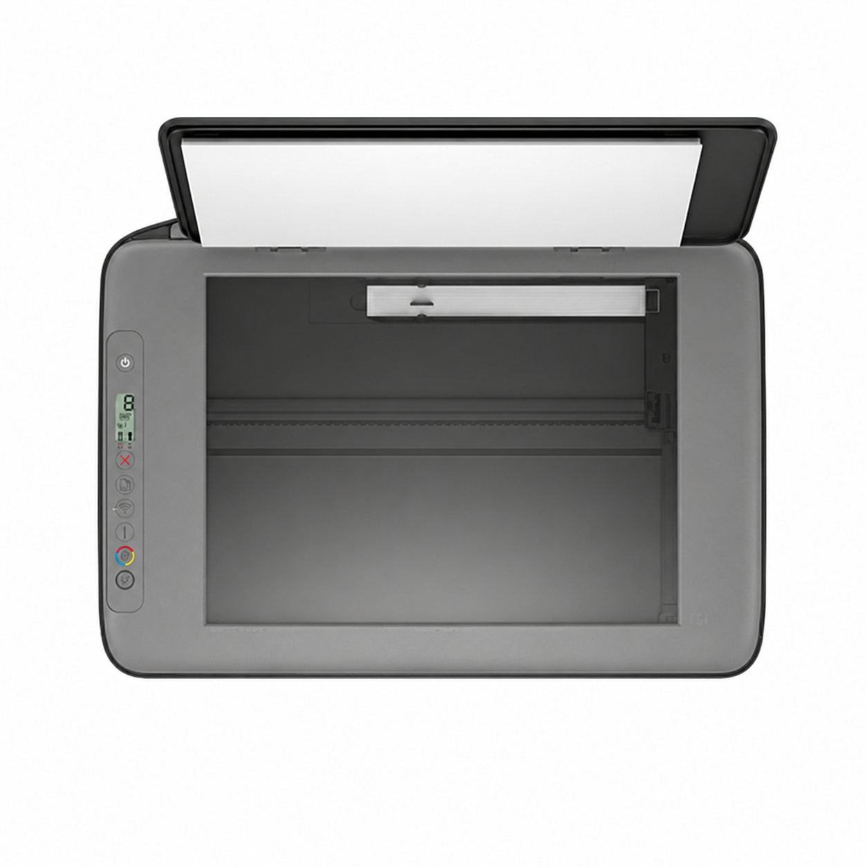 HP Smart Tank all-in-one printer top view with the scanner lid open