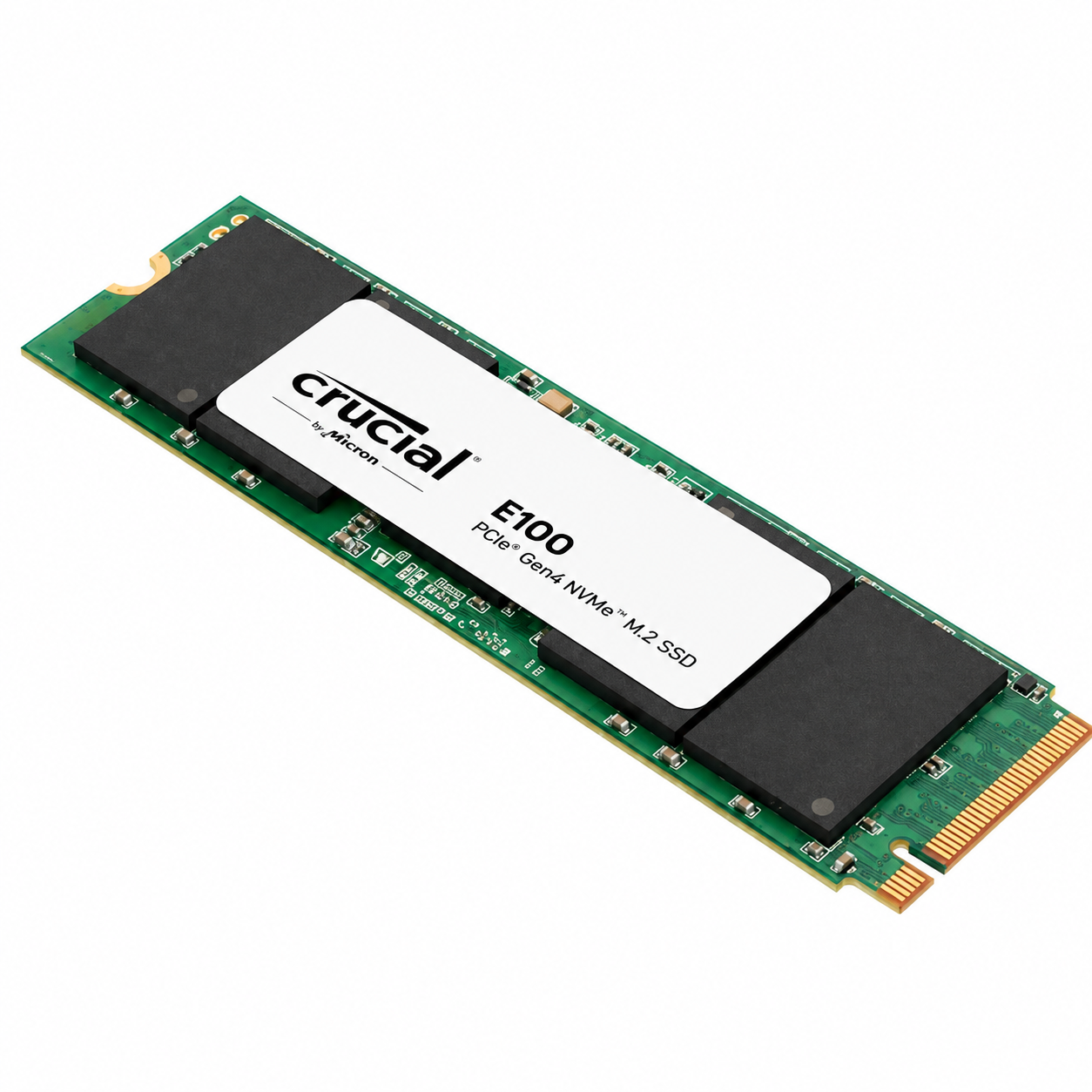 Crucial E100 1TB PCIe Gen4 NVMe M.2 2280 internal SSD angled view showing the product label and gold connector