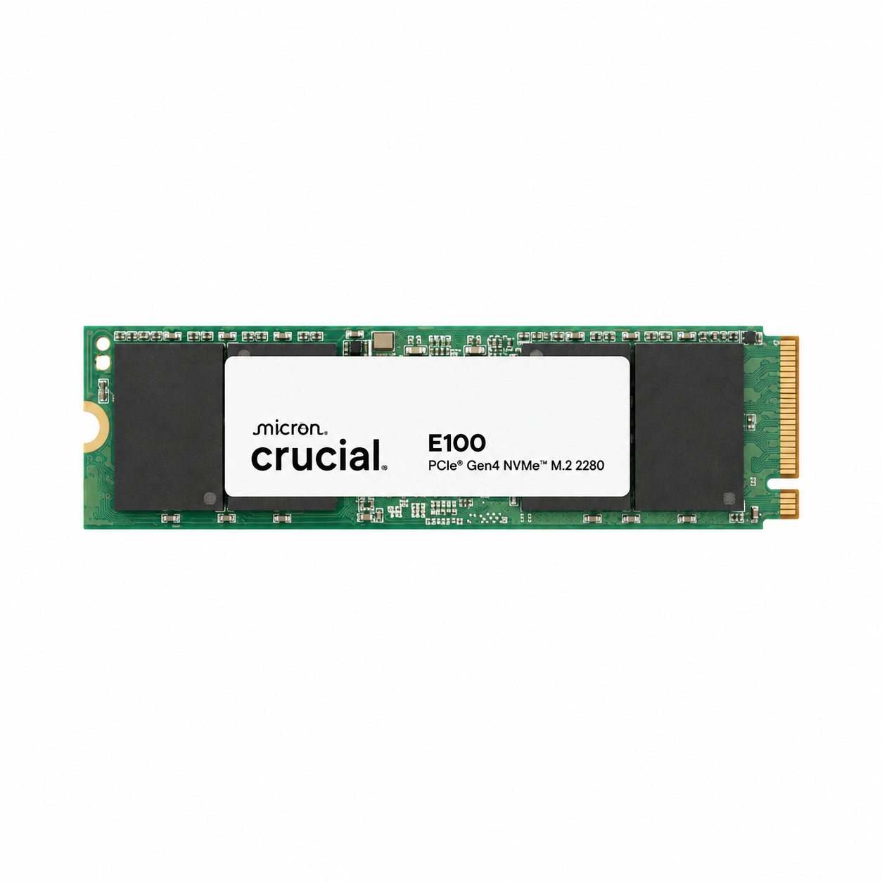 Crucial E100 1TB PCIe Gen4 NVMe M.2 2280 SSD front view showing the white product label and green circuit board