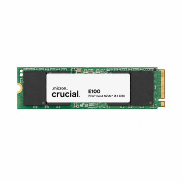 Crucial E100 1TB PCIe Gen4 NVMe M.2 2280 SSD front view showing the white product label and green circuit board