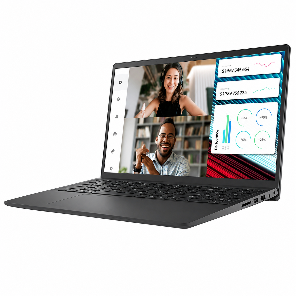 Dell Vostro 3530 laptop angled front view showing the display, keyboard and slim black chassis