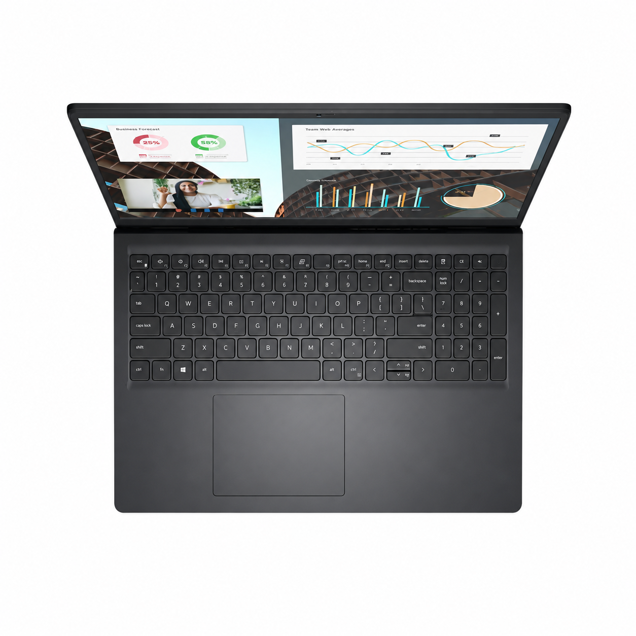 Dell Vostro 3530 open top view showing the display, touchpad and full-size keyboard with numeric keypad
