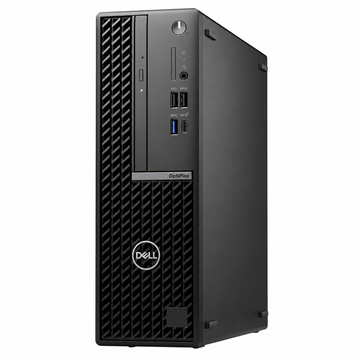 Dell OptiPlex 7020 black desktop computer angled front view showing the tower chassis, front ports and Dell logo