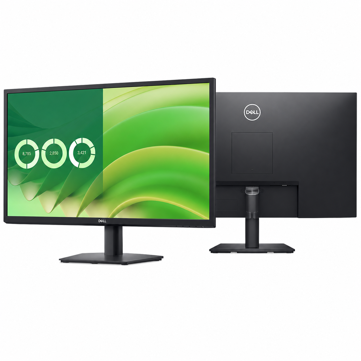 Dell E2725H 27-inch monitor shown from front and rear views highlighting the display, stand and rear chassis design