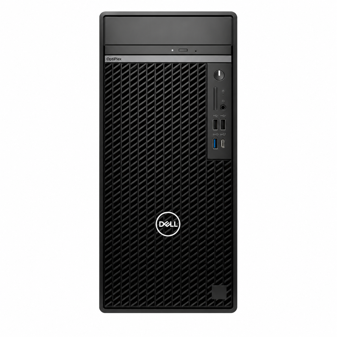 Dell OptiPlex 7020 MT black business desktop top view showing the Tower chassis and Dell OptiPlex case design.