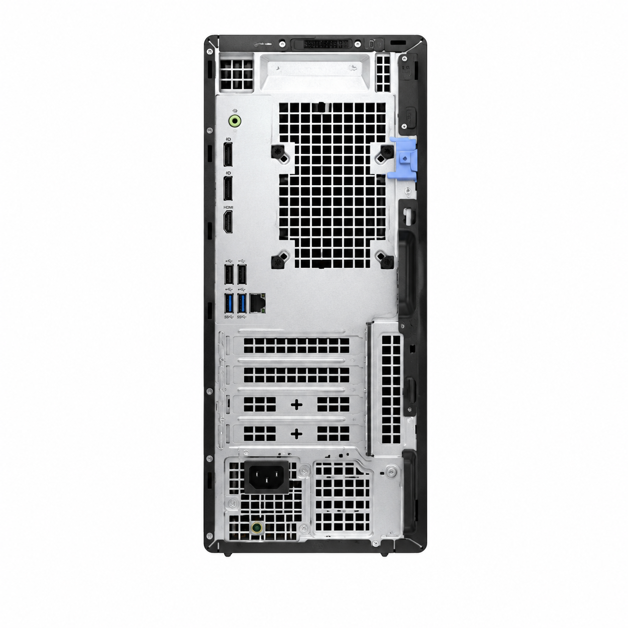 Dell OptiPlex 7020 MT desktop close-up showing the front power button, USB ports and black business Tower design.