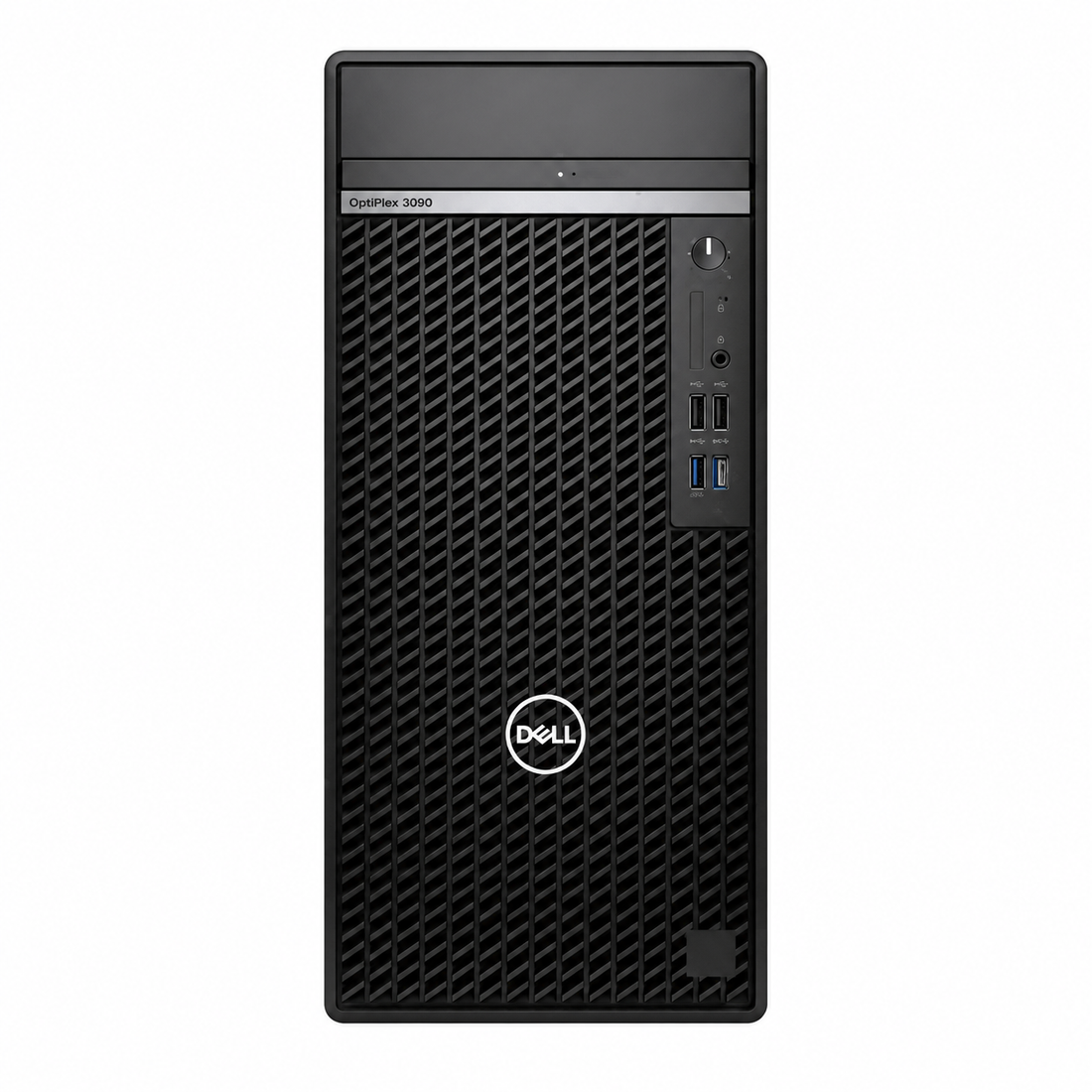 Dell Pro Tower QCT1250 black business desktop front view showing ventilation grille and front USB ports