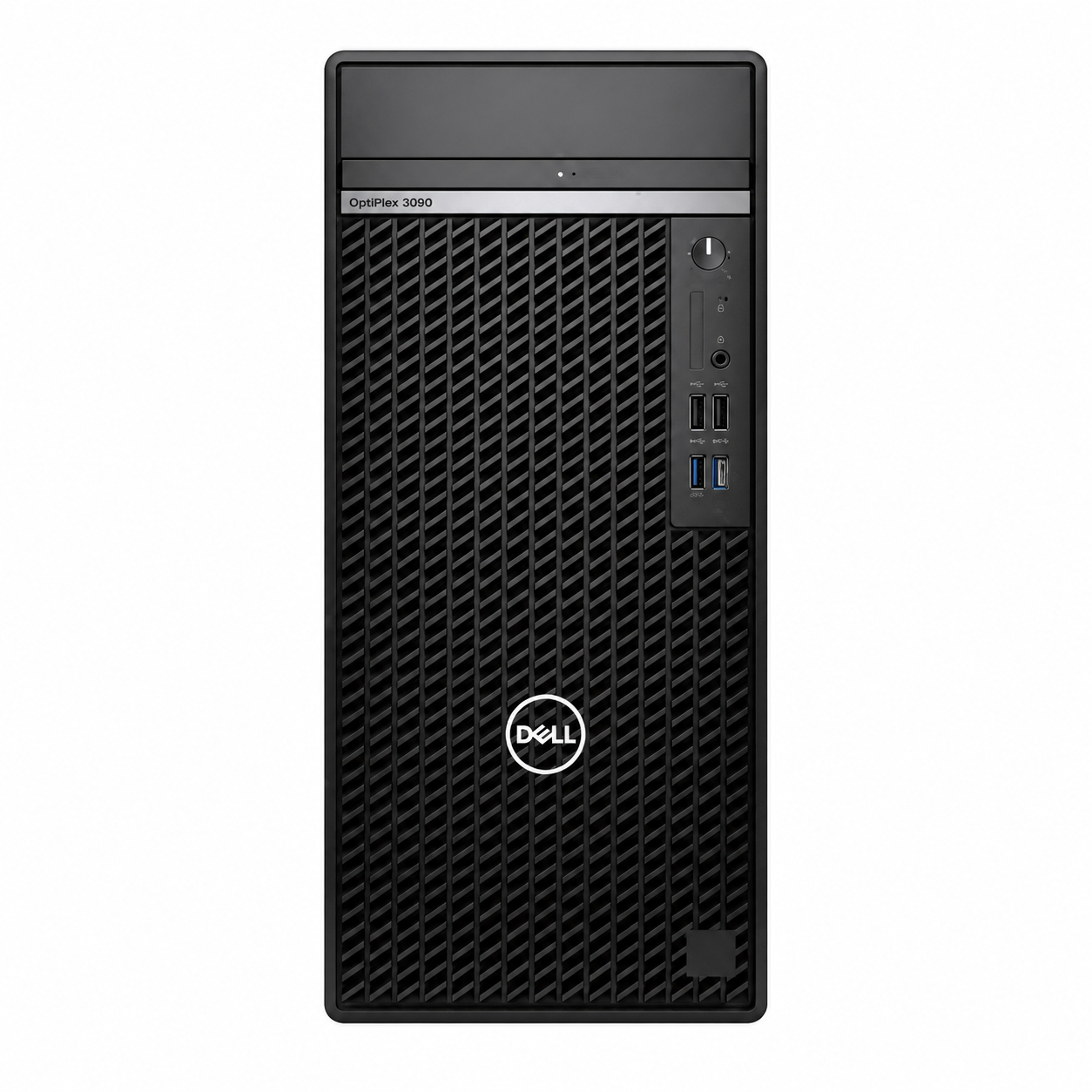 Dell Pro Tower QCT1250 black business desktop front view showing ventilation grille and front USB ports