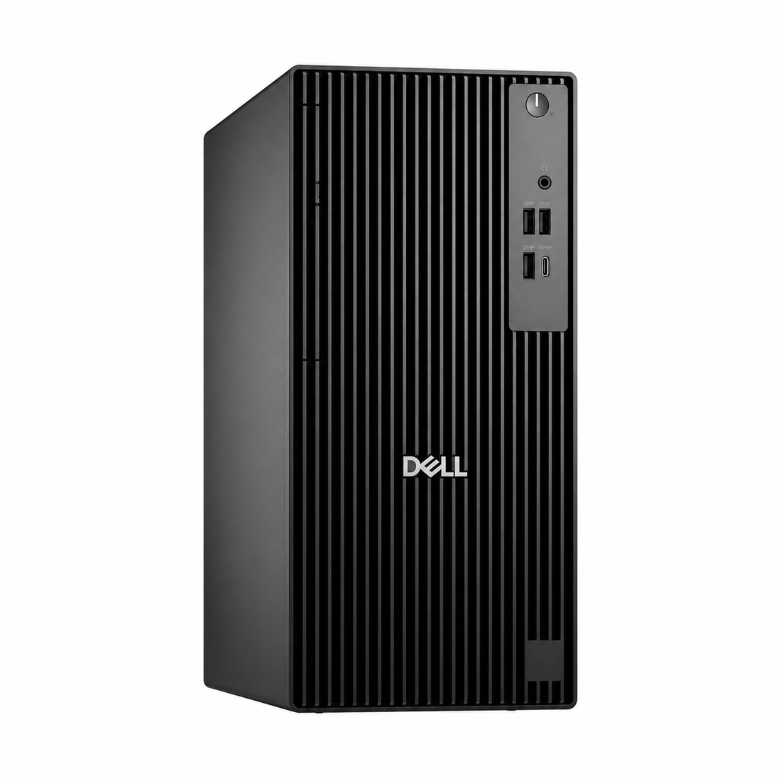 Dell Pro Tower QCT1250 black business desktop front view showing ventilation grille and front USB ports
