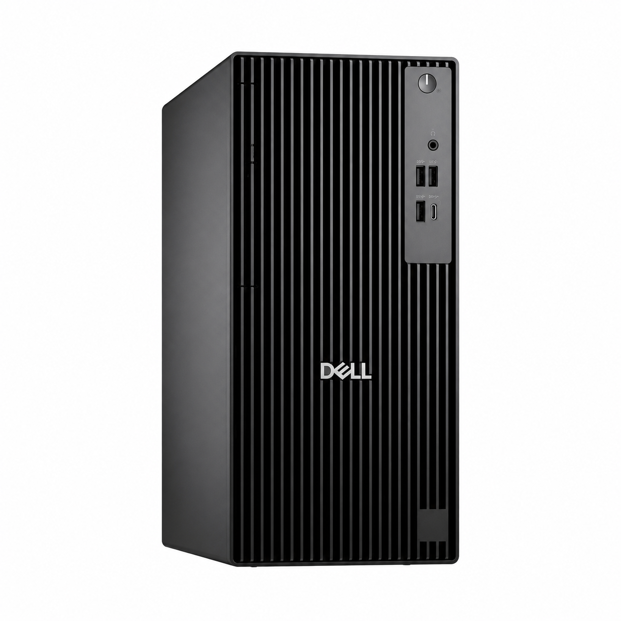 Dell Pro Tower QCT1250 desktop computer angled front view showing the black tower chassis and connection ports