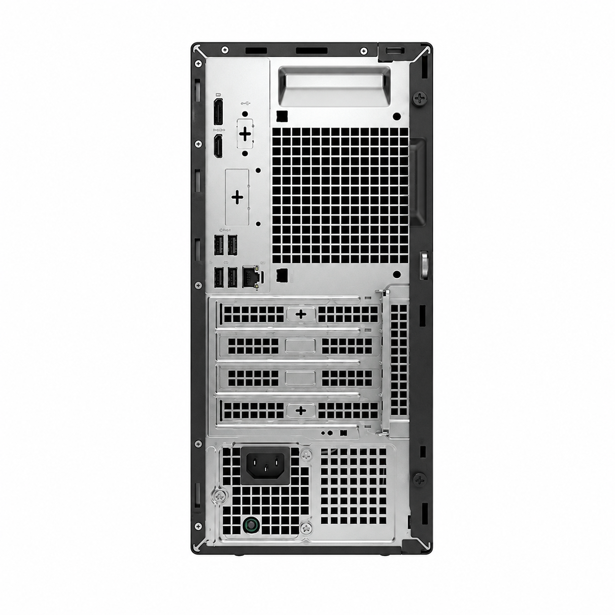 Dell Pro Tower QCT1250 business desktop rear view showing expansion slots, ventilation and rear connectivity ports