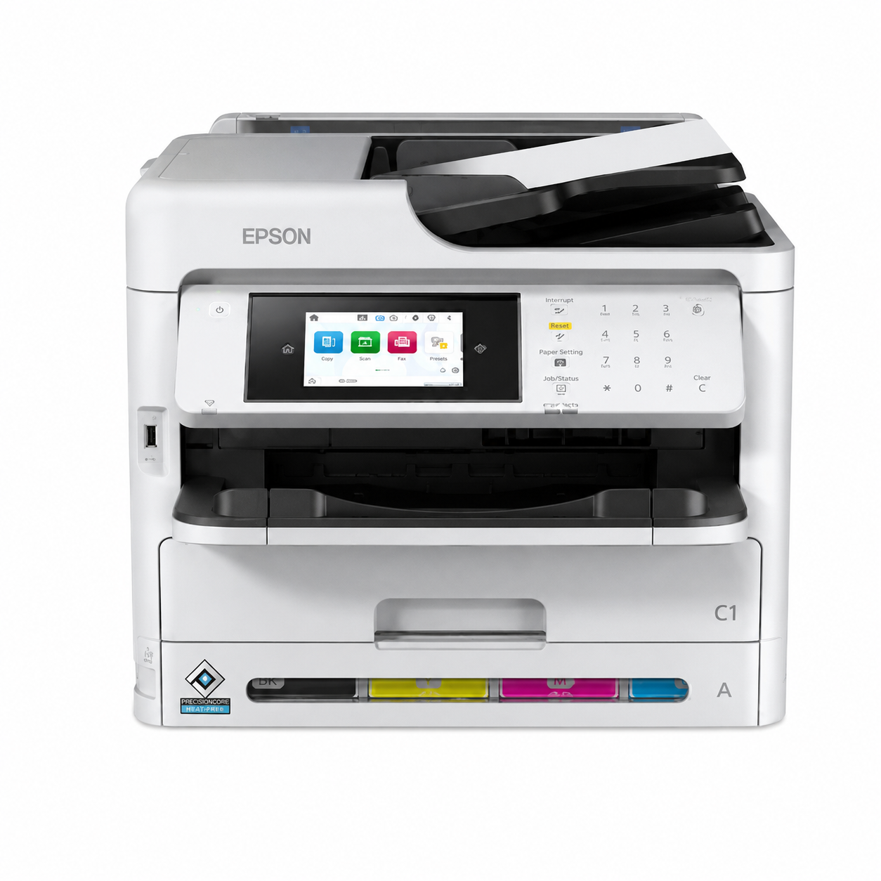 Epson WorkForce Pro WF-C5890DWF A4 color multifunction printer front view with touchscreen control panel and 50-sheet automatic document feeder.