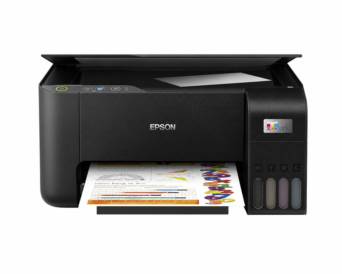 Epson EcoTank L3210 printing an A4 color document from the rear paper feeder