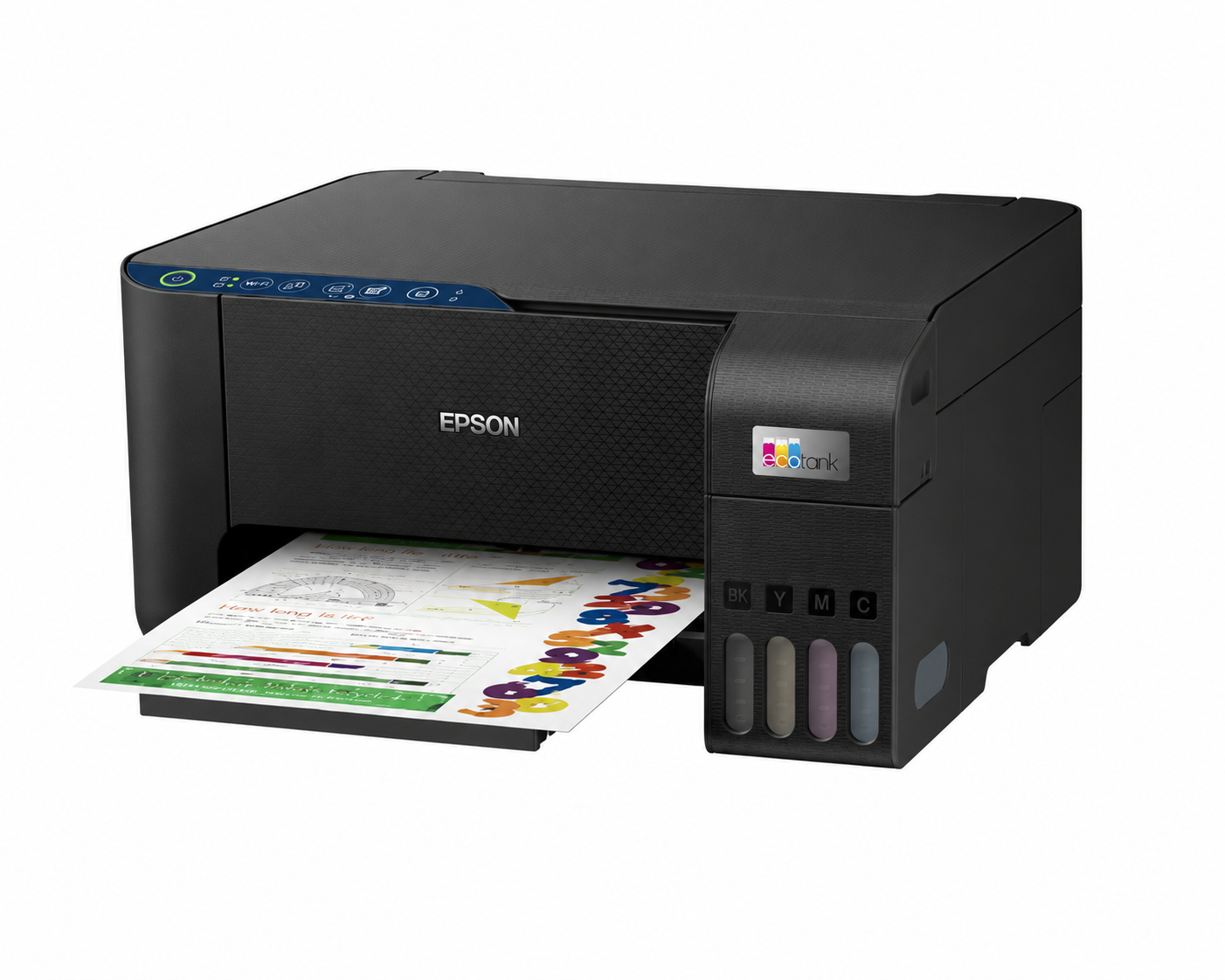 Epson EcoTank L3251 printing a color A4 document from the rear paper feeder