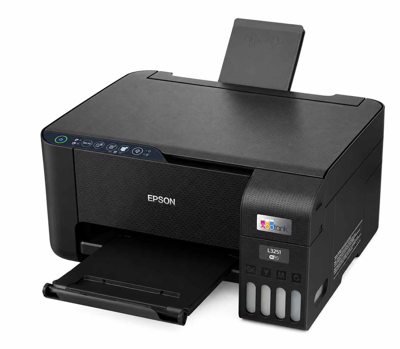 Epson EcoTank L3251 blue control panel with Wi-Fi, copy buttons and printer status lights