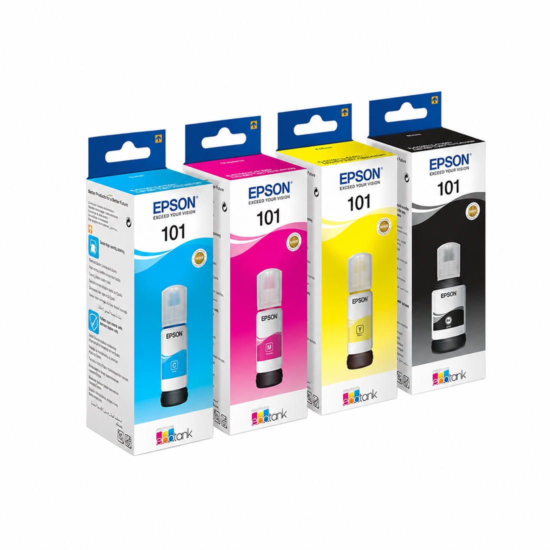 Epson 101 EcoTank original 4-color ink bottle set C13T03V64A top view showing Black, Cyan, Magenta and Yellow refill bottles.
