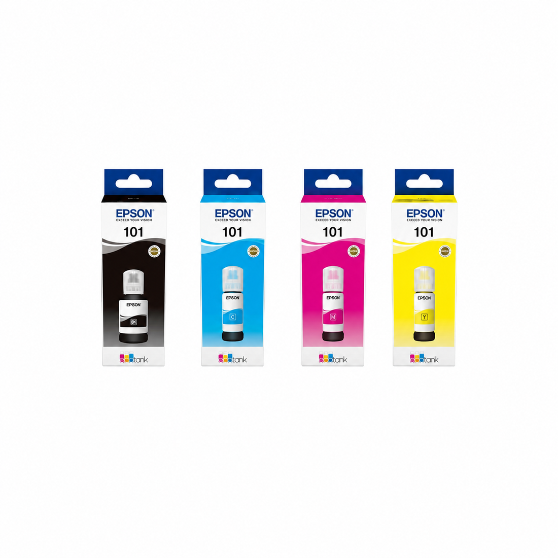 Epson 101 EcoTank original 4-color ink bottle set C13T03V64A top view showing Black, Cyan, Magenta and Yellow refill bottles.