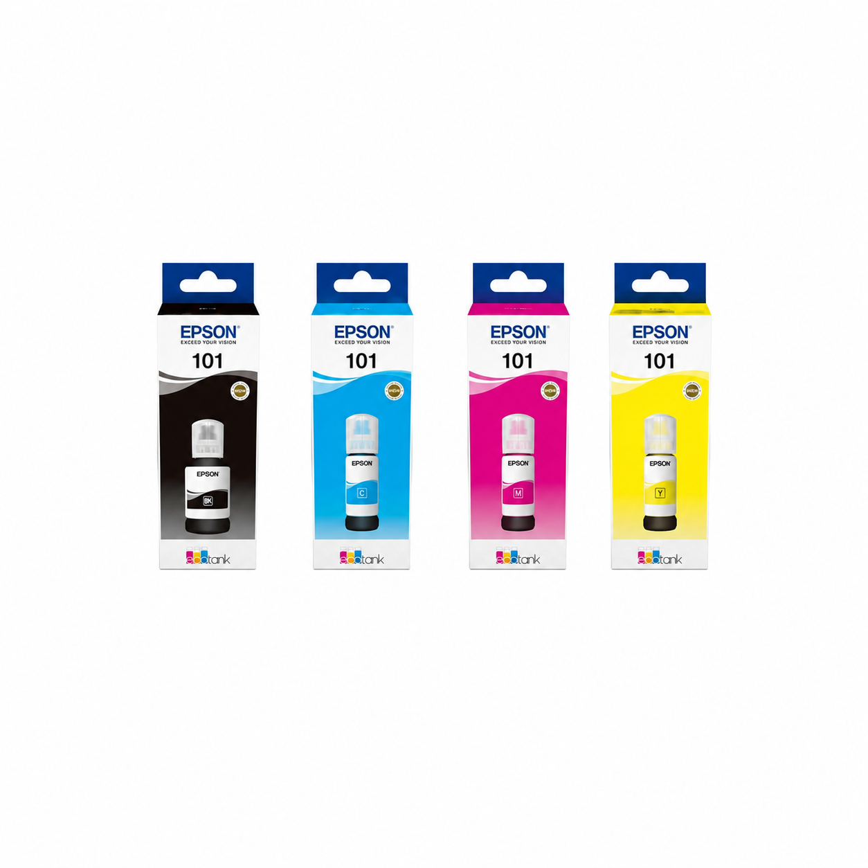 Epson 101 EcoTank original 4-color ink bottle set C13T03V64A top view showing Black, Cyan, Magenta and Yellow refill bottles.